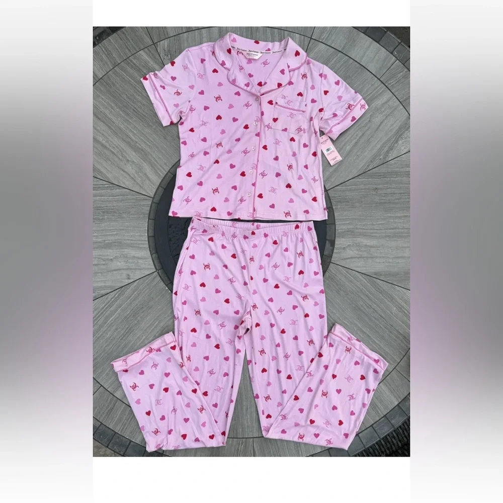 Juicy Couture Heart Logo Pajama Set Sleepwear Shirt/Pants JC Toss Pink  New - Picture 8 of 9